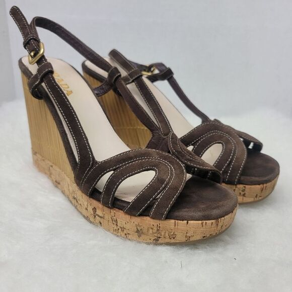 Prada Brown Suede Platform Slingback Cork Wedge Bamboo Sandals Shoes Size 7.5 - Picture 1 of 8